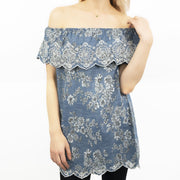 Blue Embroidered Off Shoulder Tunic Longline Women's Tops