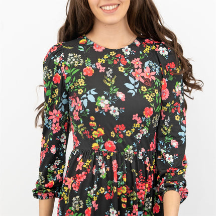 Oasis Black Floral 3/4 Sleeve Fit & Flare Swing Dress