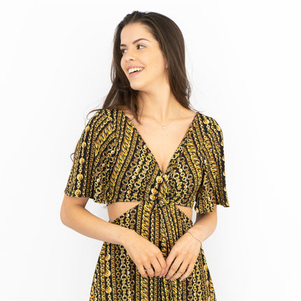 Karen Millen Side Cut Out Gold Chain Print Jersey Short Sleeve Mini Dress-Quality Brands Outlet-