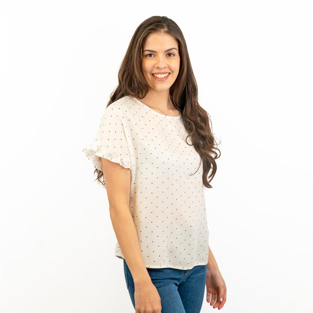 M&S Ivory Lightweight Blouse Frill Short Sleeve Round Neckline Spotty Polka Dot Tops-Quality Brands Outlet-
