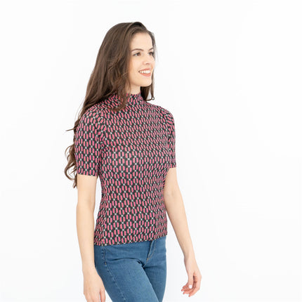 Oasis Black Geometric Print High Neck Short Sleeve Tops - Quality Brands Outlet