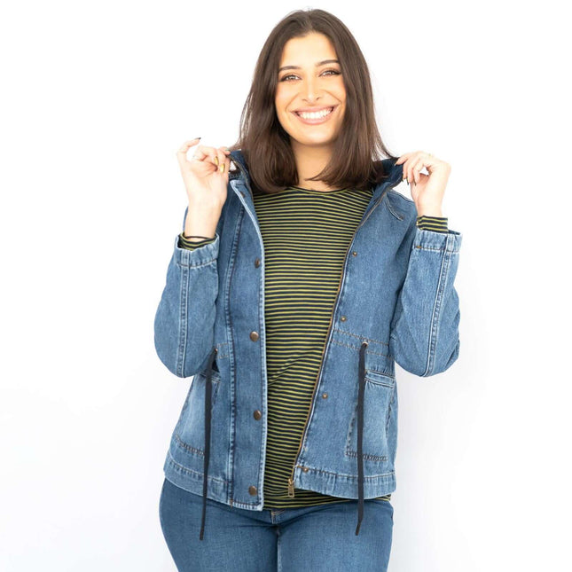 White Stuff Layla Blue Denim Jacket Long Sleeve Adjustable Waist with Pockets-Quality Brands Outlet-