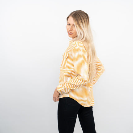 Yellow Striped Long Sleeve Button Through Women's Shirts-Quality Brands Outlet-