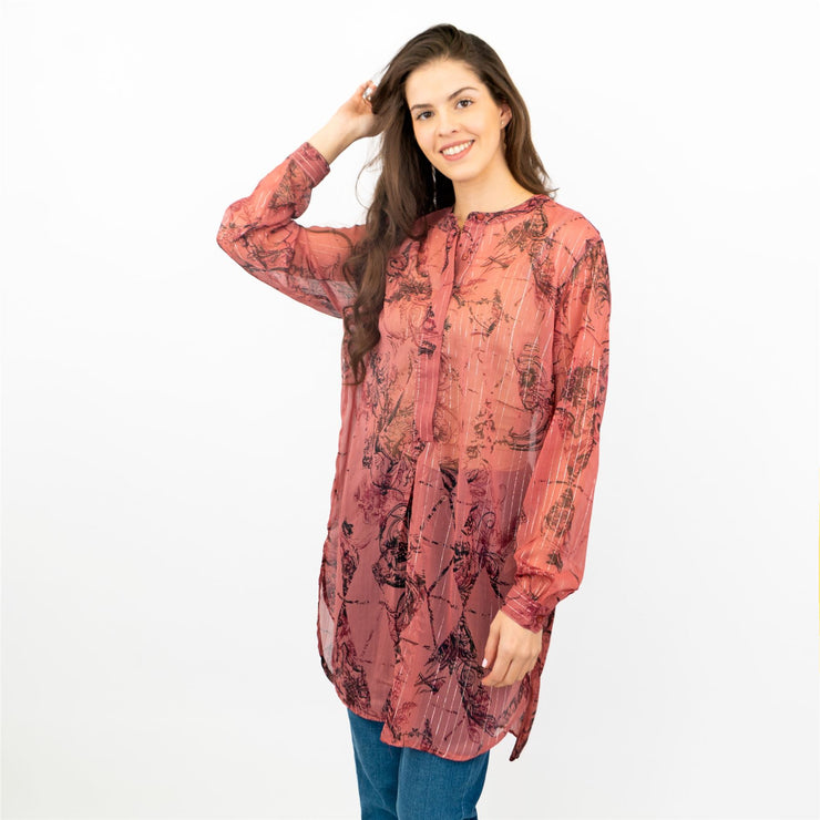 Next Red Floral with Silver Thread Long Sleeve Button-Up Lightweight Tunic Longline Tops - Quality Brands Outlet