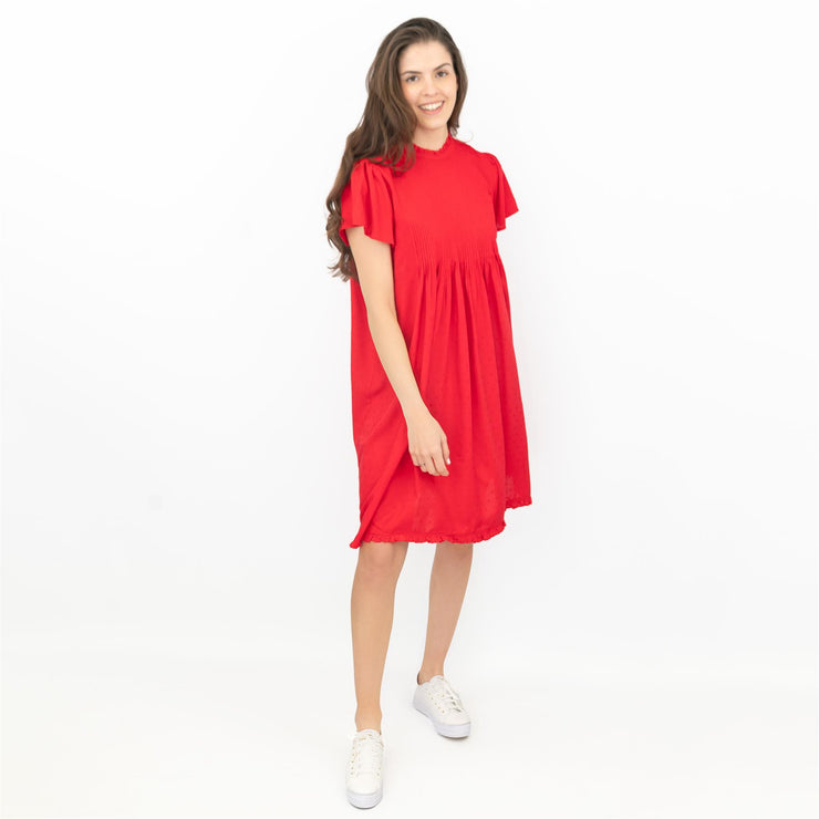 Next Textured Red Christmas Dress for Women Shirred Details Lightweight Relaxed Fit Knee Length Dress - Quality Brands Outlet