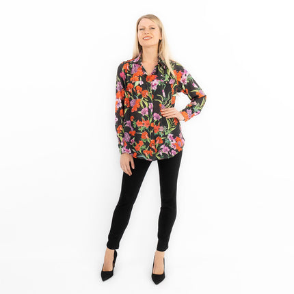 Karen Millen Black Floral Satin Long Sleeve Button-Up Shirts-Quality Brands Outlet-