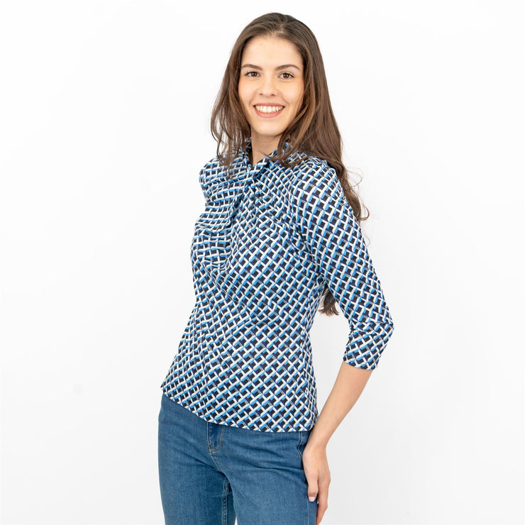 Karen Millen Blue Geometric Print KM Logo Short Sleeve Tops - Quality Brands Outlet