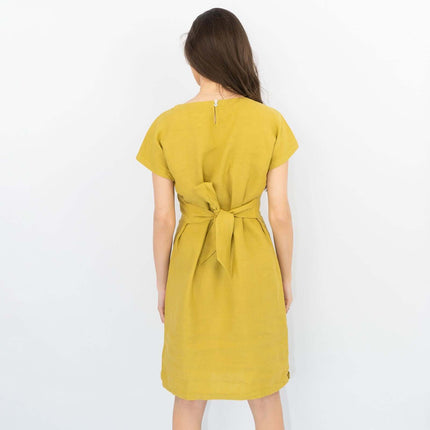 White Stuff Short Sleeve Linen Olive Green Tie-On Summer Short Dress-Quality Brands Outlet-