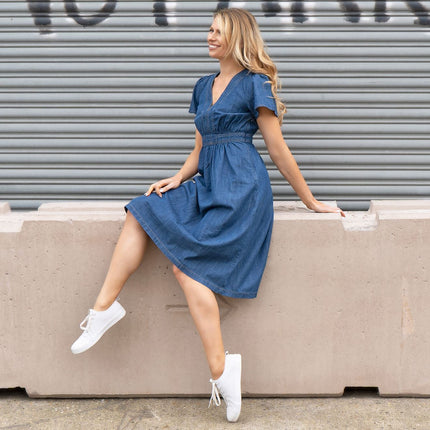 Monsoon Blue Denim V-Neck Short Sleeve Dress-Quality Brands Outlet-