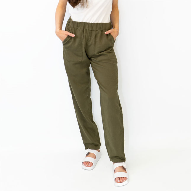M&S Pure Cotton Tapered Ankle Grazer Elasticated Waist Khaki Green Trousers-Quality Brands Outlet-