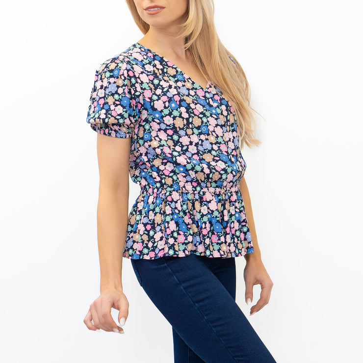 M&S Navy Blue Floral Blouse Elasticated Waist Short Sleeve V-Neckline Tops - Quality Brands Outlet