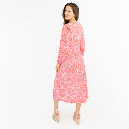 Oasis Pink Long Sleeve Floral Print Slit Summer Long Midi Dresses-Quality Brands Outlet-