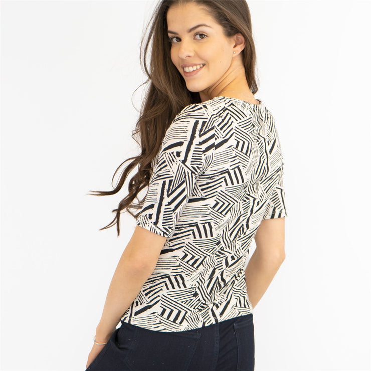 Karen Millen Black & White Geo Print V-Neckline Short Sleeve Tops - Quality Brands Outlet