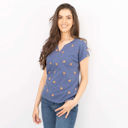 White Stuff Short Sleeve Blue Notch Neck Embroidered Cotton Jersey Tops-Quality Brands Outlet-