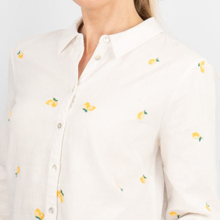 White Lemon Embroidery Linen Rich Long Sleeve Women's Shirts-Quality Brands Outlet-