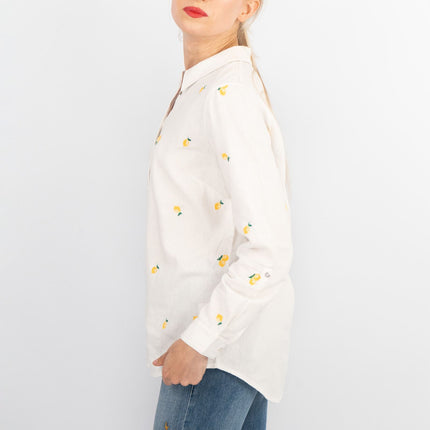 White Lemon Embroidery Linen Rich Long Sleeve Women's Shirts-Quality Brands Outlet-