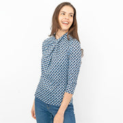 Karen Millen Blue Geometric Print KM Logo Short Sleeve Tops - Quality Brands Outlet