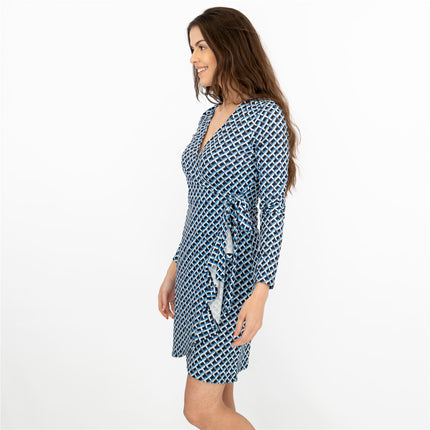 Karen Millen Blue Long Sleeve Jersey Geometric KM Logo Print Tie Wrap Dress-Quality Brands Outlet-