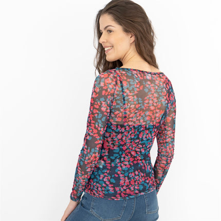 Coast Floral Long Sleeve Boat Neck Mesh Tops-Quality Brands Outlet-