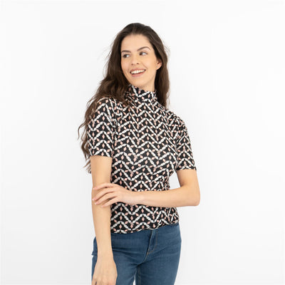 Karen Millen Black Geometric Print High Neck Short Sleeve Tops - Quality Brands Outlet