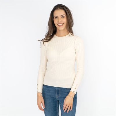 M&S Ivory Soft Touch Ribbed Crew Neck Fitted Jumper - Quality Brands Outlet