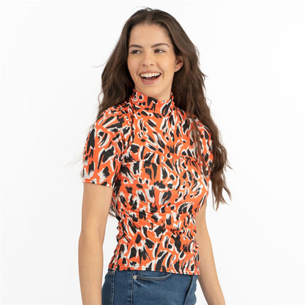 Karen Millen Orange Print Short Sleeve High Neck Tops-Quality Brands Outlet-