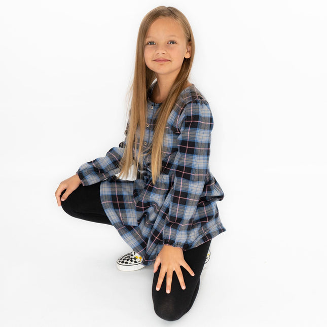 Girls Blue Long Sleeve Check Dresses