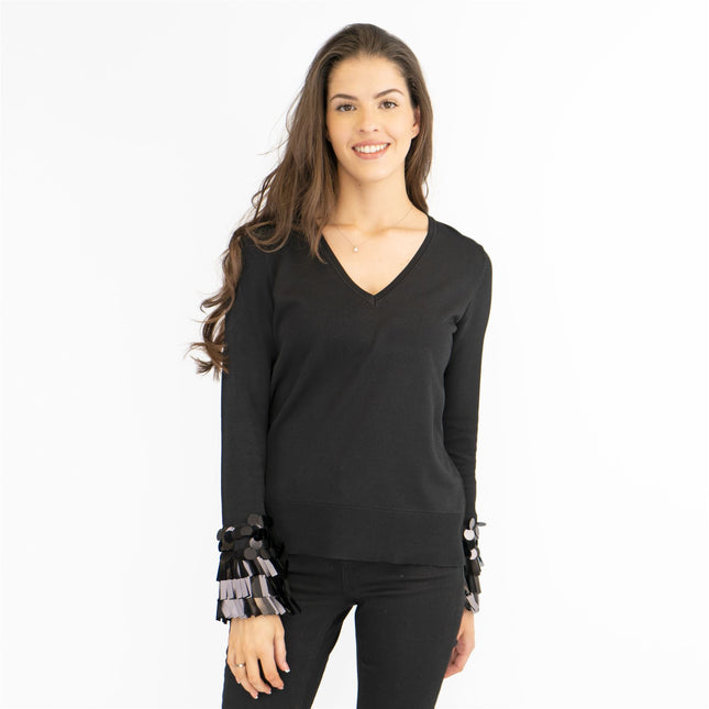 M&S V-Neck Embellished Cuff Long Sleeve Black Jumper-Quality Brands Outlet-