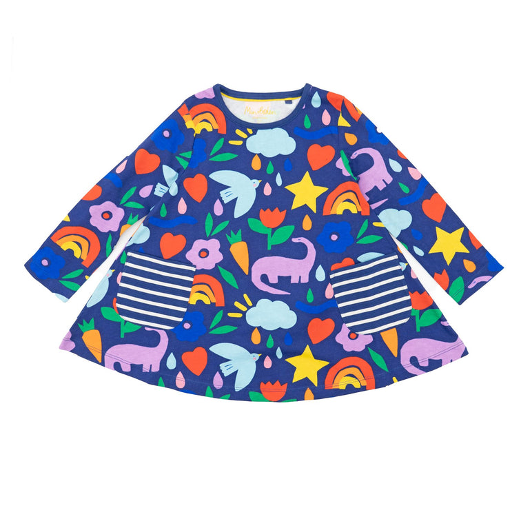 Mini Boden Girls Happy Dino Blue Long Sleeve Flare Dresses - Quality Brands Outlet