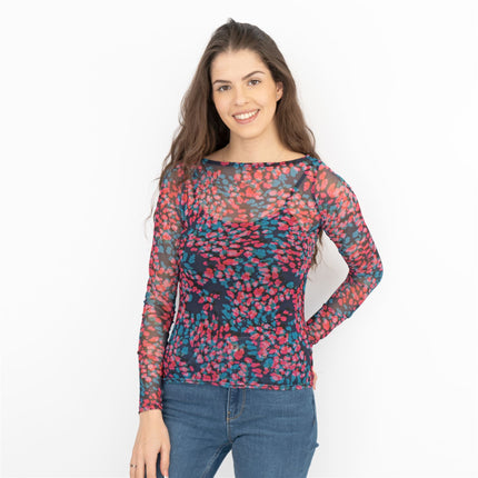 Coast Floral Long Sleeve Boat Neck Mesh Tops-Quality Brands Outlet-