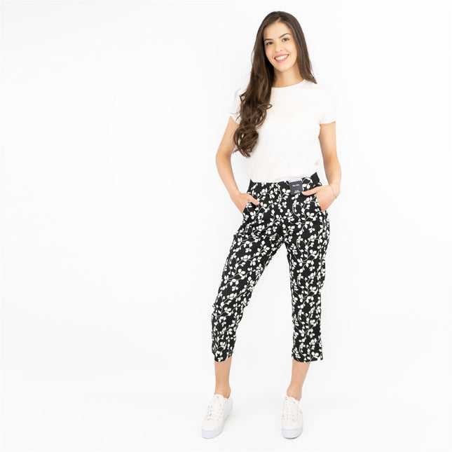 M&S Mia Black Flower Print Slim Leg Tapered Crop Chino Trousers-Quality Brands Outlet-