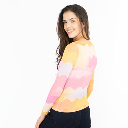 Coast Pink Chevron Print Long Sleeve Boat Neck Mesh Tops-Quality Brands Outlet-