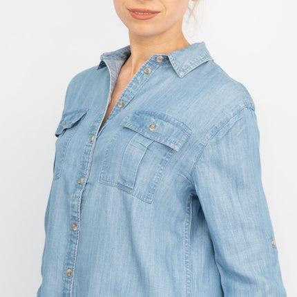 Blue Chambray Soft Linen Rich Long Sleeve Shirt Button-Up Tops-Quality Brands Outlet-