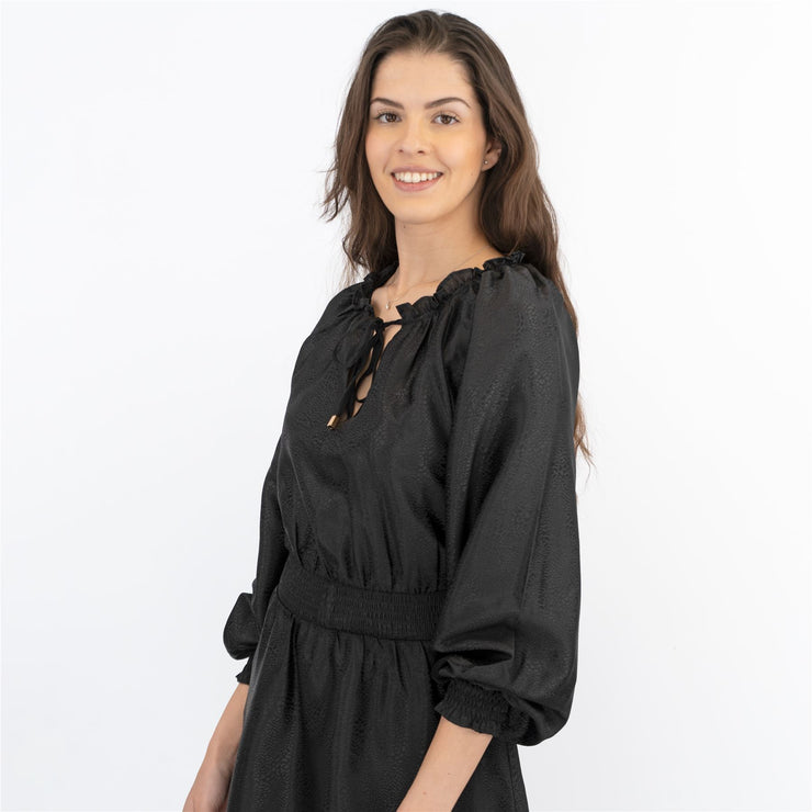 Next Long Sleeve Black Jacquard Sheen Flare Dress