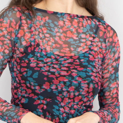 Coast Floral Long Sleeve Boat Neck Mesh Tops-Quality Brands Outlet-