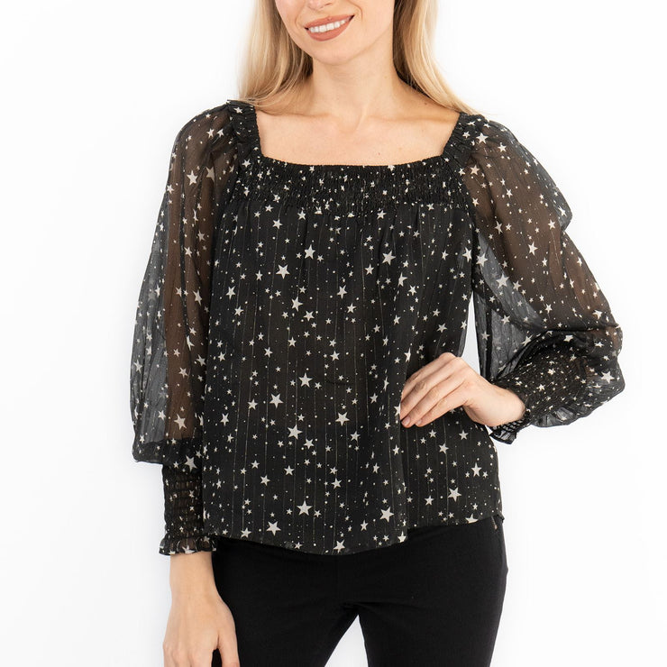 Next Black Silver Chiffon Star Foil Print Occasion Party Puff Sleeve Tops - Quality Brands Outlet