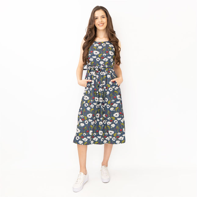 Seasalt Belle Linear Poppy Night Floral Print Sleeveless Midi Dresses-Quality Brands Outlet-
