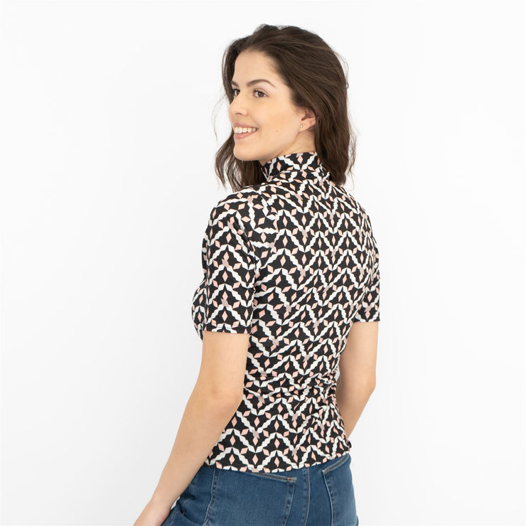 Karen Millen Black Geometric Print High Neck Short Sleeve Tops - Quality Brands Outlet