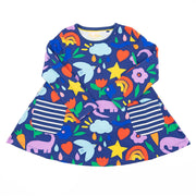 Mini Boden Girls Happy Dino Blue Long Sleeve Flare Dresses - Quality Brands Outlet