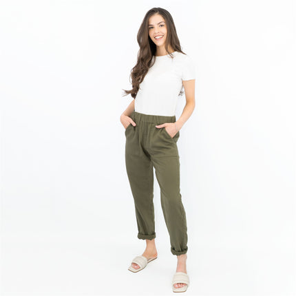 M&S Pure Cotton Tapered Ankle Grazer Elasticated Waist Khaki Green Trousers