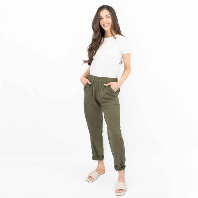 M&S Pure Cotton Tapered Ankle Grazer Elasticated Waist Khaki Green Trousers-Quality Brands Outlet-