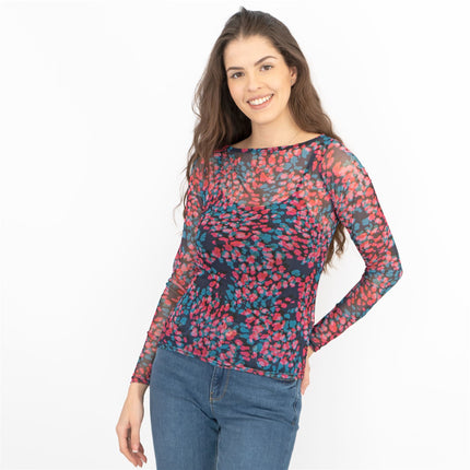 Coast Floral Long Sleeve Boat Neck Mesh Tops-Quality Brands Outlet-