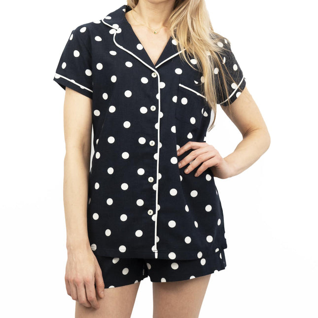 M&S Navy Blue Spotty Polka Dot Short Sleeve with Shorts Pyjama Set-Quality Brands Outlet-
