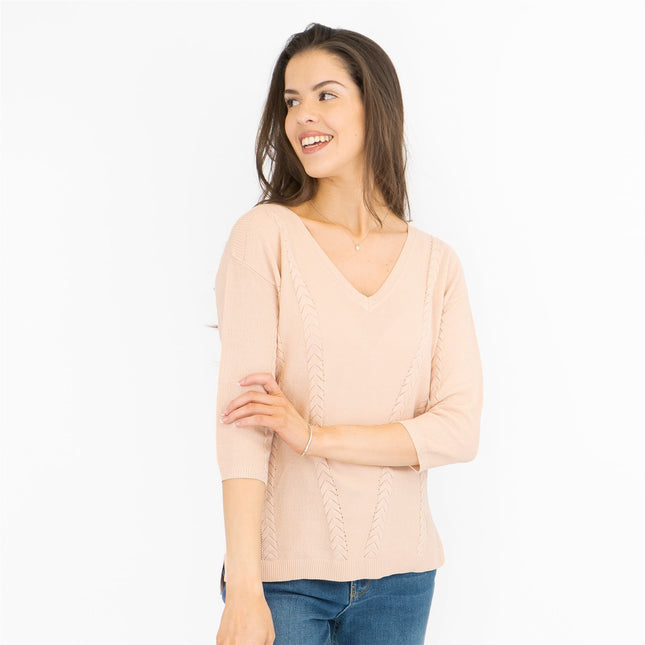 M&S Per Una Pink V-Neck Textured Fine Knit Cotton Mix 3/4 Sleeve Jumper-Quality Brands Outlet-