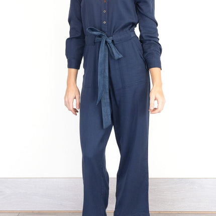 White Stuff Skyline Navy Blue Denim Long Sleeve Relaxed Leg Jumpsuit-Quality Brands Outlet-