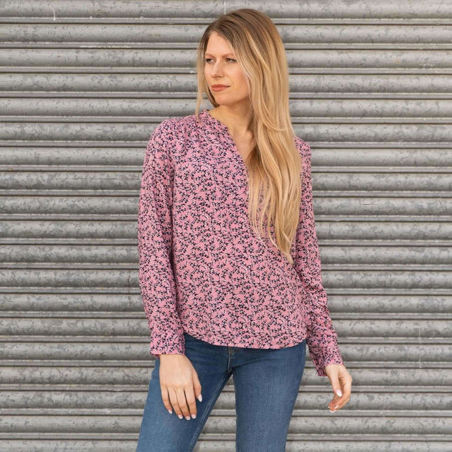 M&S Pink Ditsy Floral Print Long Sleeve Lightweight Relaxed Summer Spring Tops - Quality Brands Outlet