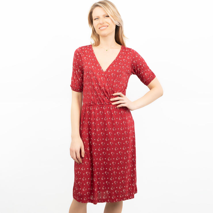 Iona Red Batik Short Sleeve V-Neck Cross Wrap Midi Dress