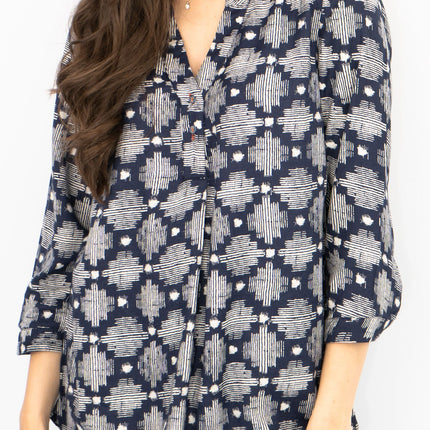 White Stuff Navy Geo Print 3/4 Sleeve Lightweight Relaxed Tunics-Quality Brands Outlet-