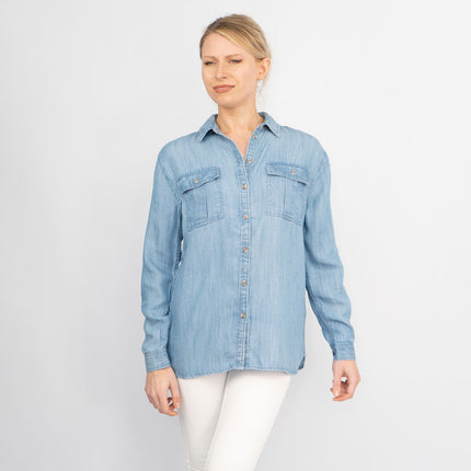Blue Chambray Soft Linen Rich Long Sleeve Shirt Button-Up Tops-Quality Brands Outlet-