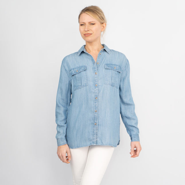 Blue Chambray Soft Linen Rich Long Sleeve Shirt Button-Up Tops-Quality Brands Outlet-